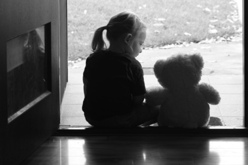 Playing with Teddy by Leanne Lindsay - Art Photography, Child Photography, Black and White Photography, Photo of the Day,  Light & Composition University
