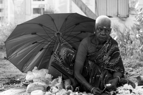The Street Grandma with Hand of Flowers by Karthick Saravanan - Photojournalism, Street Photography, Art Photography, Photography Awards, Light & Composition University