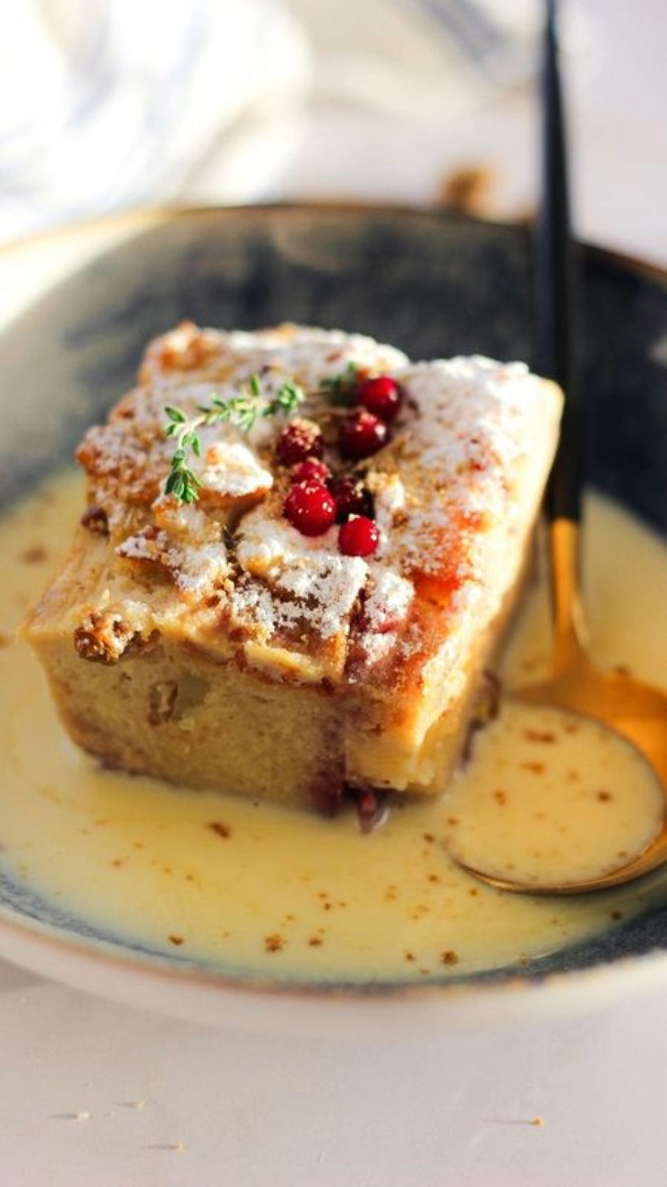Sweet Bread Pudding with Creamy Vanilla Sauce by Larisa Sferle - Food Photography, Culinary Photography, Dessert Photography, Bread Pudding Photography, Larisa Sferle