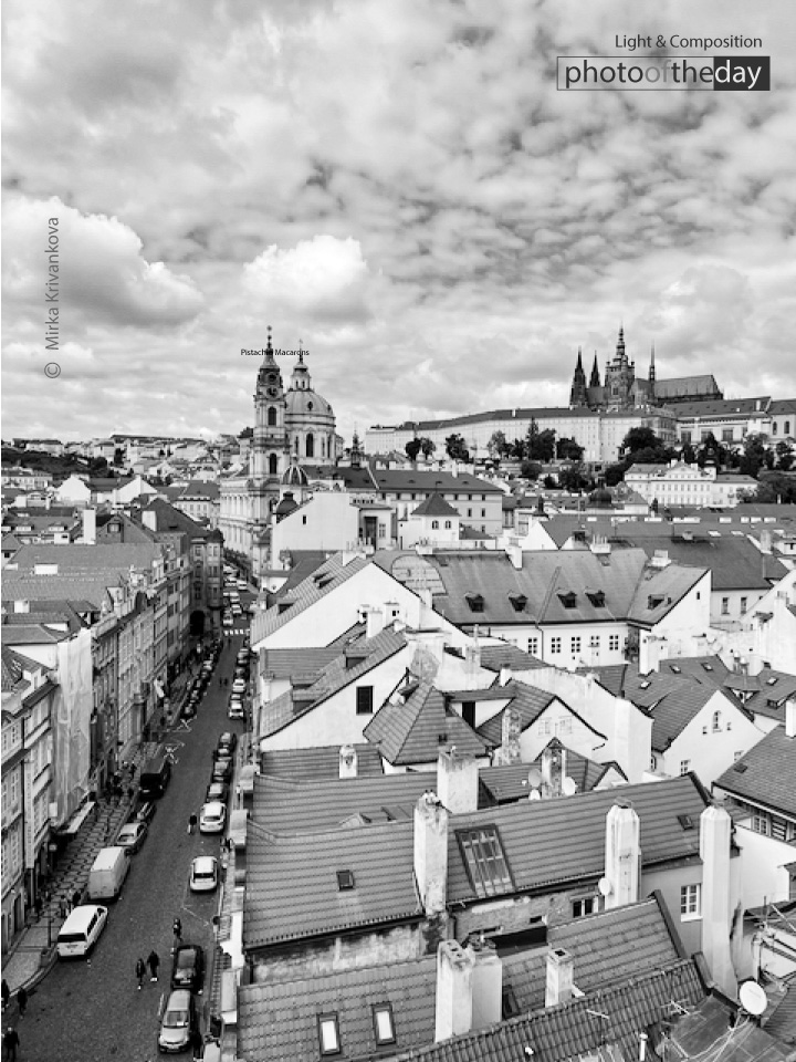 View from the Tower to Prague Castle by Mirka Krivankova - Art Photography, Prague Castle Photography, Black and White Photography, Photo of the Day, Online Photography Courses