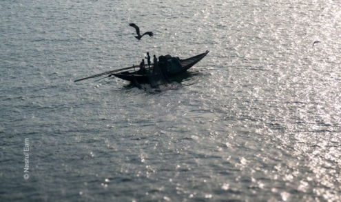 Boatmen and a Bird of Prey on Sunlit Water - Fine Art Photography Print, Limited Edition Photography, Giclée Print,  Luxury Photography Art,  Contemporary Art Photography