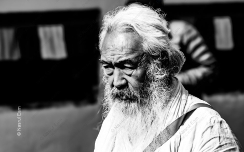 Weathered Face, White Beard, and a Downward Gaze