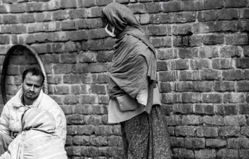 Three Figures by the Brick Wall - Fine Art Photography Print, Limited Edition Photography, Black and White Photography, Museum-Quality Print, Art Photography for Sale