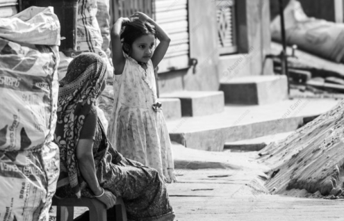 A Girl and a Woman by the Sacks - Fine Art Photography Print, Limited Edition Photography, Black and White Photography, Giclée Print,  Human Emotion Photography
