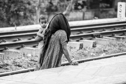 Mother and Child by the Rails - Fine Art Photography Print, Limited Edition Photography, Museum-Quality Artwork, Photography for Collectors, Black and White Photography