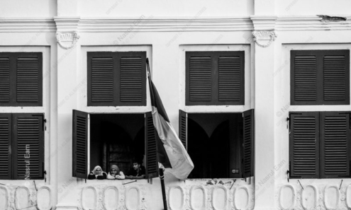 Three Youths at an Open Window with Flag - Fine Art Photography Prints, Limited Edition Photography, Museum-Quality Photography, Black and White Photography,  Art Photography for Sale