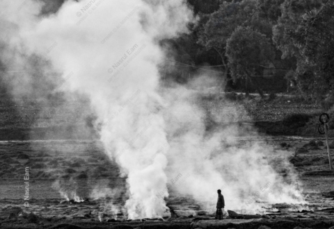 The Field's Breath: A Solitary Figure Amidst Rising Smoke